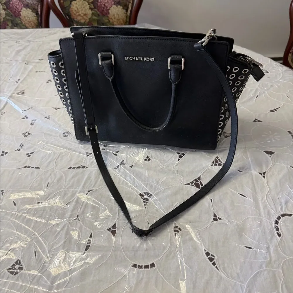Michael Kors Black Studded Saffiano Leather Satchel | Crossbody